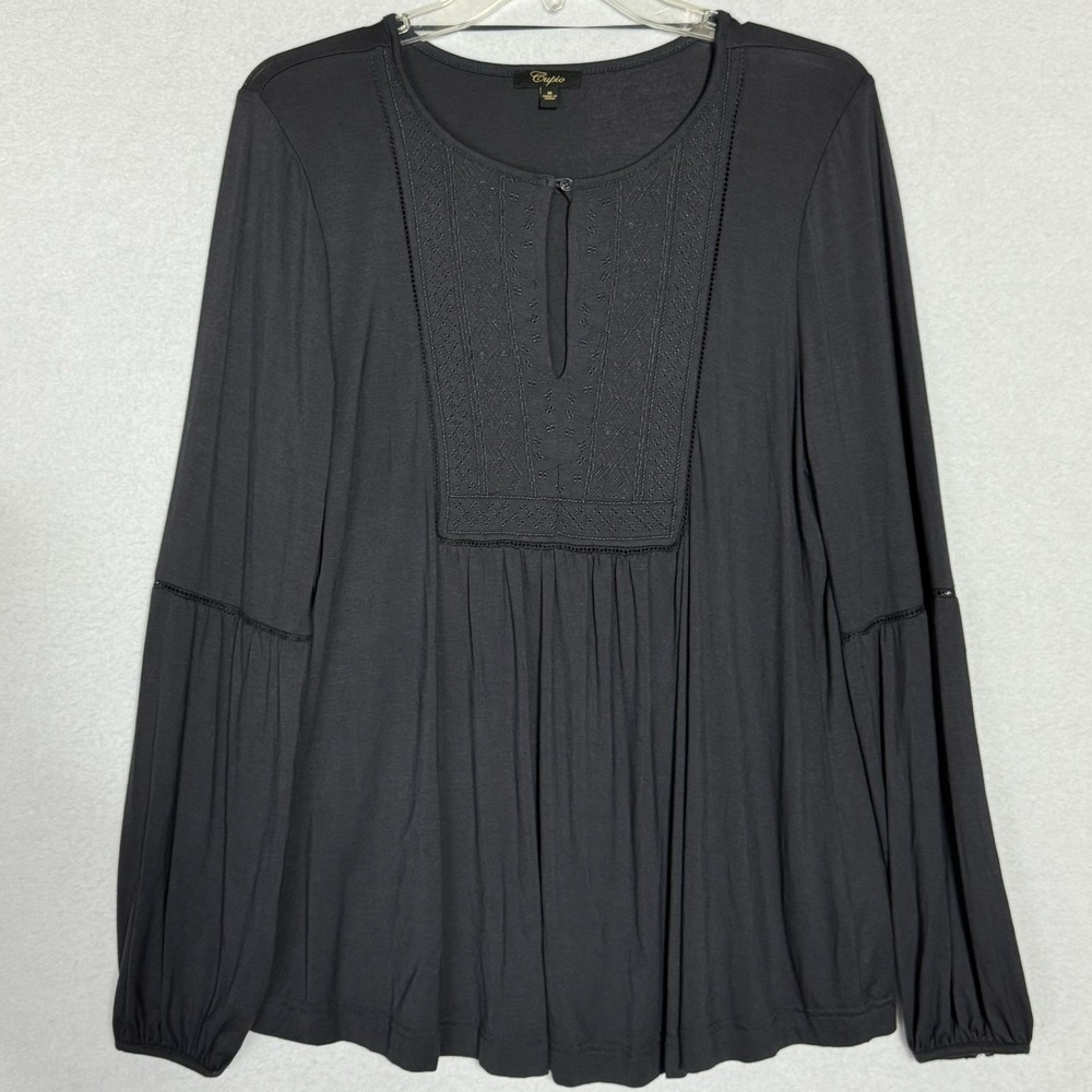 Cupio Blouse Womens Medium Dark Gray Embroider Front Long Sleeve Tunic Top Boho